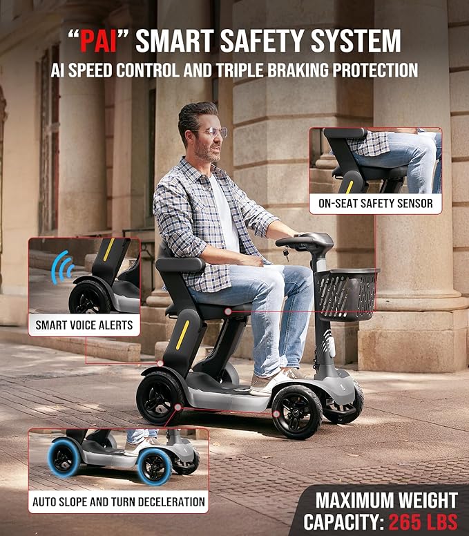 S3 Folding Mobility Scooter for Seniors & Adults – 4-Wheel All-Terrain Electric Scooter, 25 Mile Range, 6 MPH, 265 lb Capacity, Reverse, LED Lights & Basket – Gray