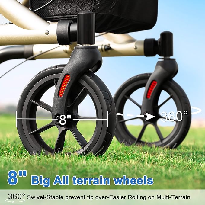 WALK MATE Rollator Walker for Seniors with Cup Holder, Upgraded Thumb Press Button for Height Adjustment, 4 x 8 Wheels Walker with Seat Padded Backrest Folding Lightweight Walking Aid, Gold