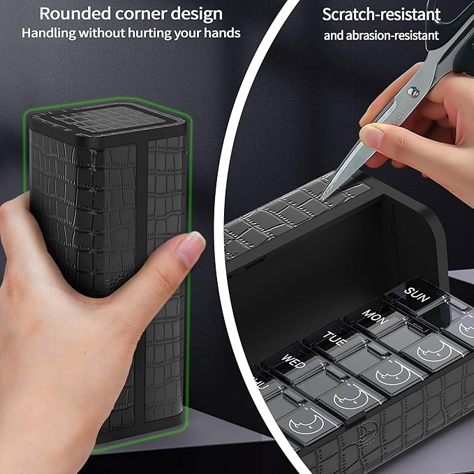 Weekly Pill Organizer 2 Times a Day, AM PM Compact Pill Box 7 Day, Twice Daily Medicine Organizer with Labels, Portable Business Travel Pill Case for Vitamins and Supplement (Black)