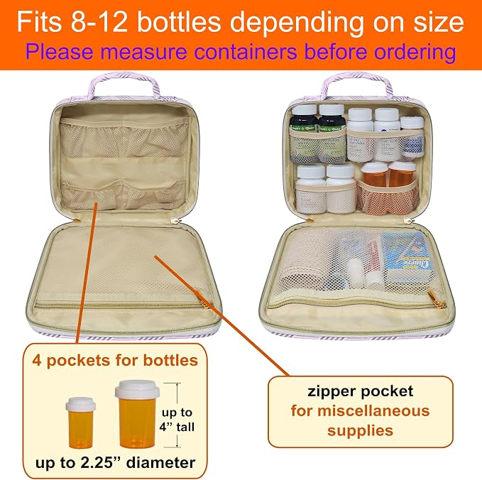 Medium Pill Bottle Organizer, Medicine Bag, Case, Carrier for Medications, Vitamins, and Medical Supplies - Travel Medicine Organizer Home Storage Med Bag - Jacquard Purple (Without Lock)