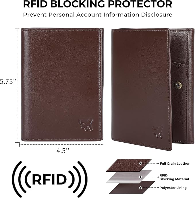 Polare Napa Leather Pilot Wallet Passport Holder RFID Blocking Tri-fold Travel Cover Document Organizer for Aviation Professionals (Coffee)