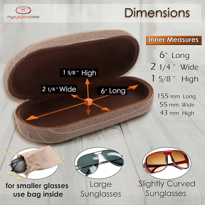 MyEyeglassCase - Large Sunglasses Case - Hard Glasses Case Holder w/Pouch & Cloth - Eyeglass Case Aviator Frames Men & Women