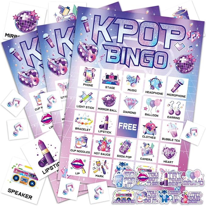 39pcs Kpop Music Party Bingo Game for Adults 24 Players Korean Idol Movie Bingo Cards With Reward Stickers for Family Friend Student Large Group Activities Pink Girl Kpop Music Dance Party Favors