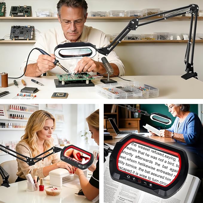12X Rectangle 3-Section Magnifying Glass with Light and Clamp-Red | 5 Color Mode & Stepless Dimming LED Lamp, 4-Way Desk Clip, Ultra Long Lighted Magnifier for Workbench Craft Soldering Sewing