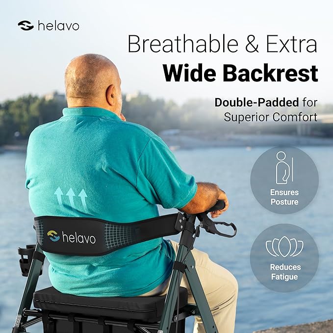 Helavo Bariatric Walker with Large, Height-Adjustable Seat, 500 lbs Weight Capacity, 8-inch Wheels, 28-inch Wide - Extra Wide Heavy Duty Rollator for Seniors