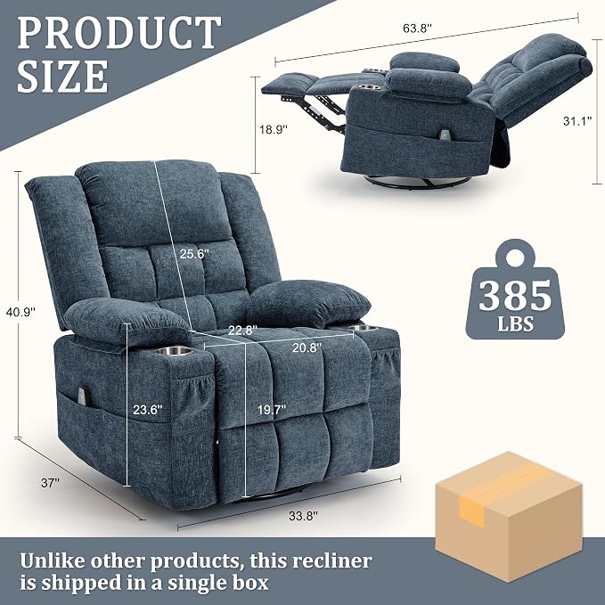 Korser 360° Swivel Rocker Recliner for Adult, Nursery Glider Recliners with Massage & Heating, Rocking Chair with Cup Holder, Manual Recliner Chair for Living Room, Bedroom (Blue)