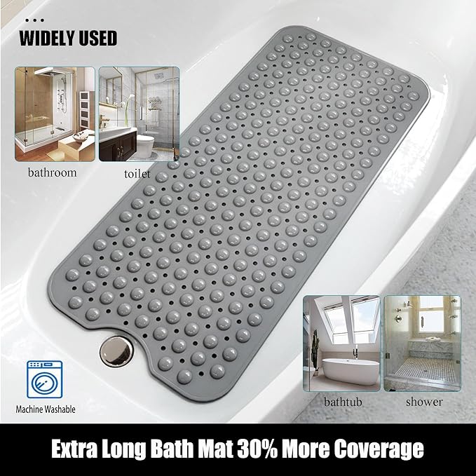 Large Non Slip Bathtub Mat, Extra Long Bath Mat for Tub, 40 x 16 Inch, Machine Washable Shower Mats with Suction Cups and Drain Holes, Bath Tub Mats for Bathroom Non Slip, Grey