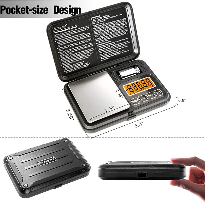 Fuzion Digital Pocket Scale 200g/0.01g, Scale Gram with LCD Display, Tare and PCS, Mini Digital Scale with 50g Calibration Weight for Jewelry, Coins, Powder, Herbs, Spices (Battery Included)