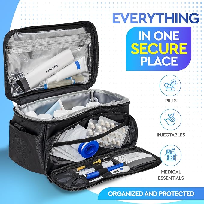 nursemaid Insulated Medication Organizer – Travel Case for Insulin & Medicine, Keeps Meds Cool, Includes ID Card & 7-Day Pill Organizer, Compact & Organized On the Go (Jet Black)
