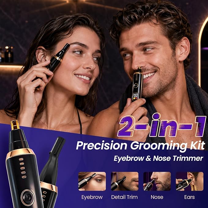 LED Display Ear and Nose Hair Trimmer Clipper for Women Men,2026 Rechargeable 2 in 1 Painless Eyebrow & Facial Hair Trimmer with Powerful Motor and Dual-Edge Blades Easy Cleansing