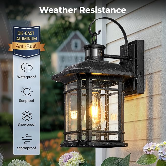 VIANIS Large Black Outdoor Motion Sensor Light, Distance and Time Adjustable Dusk to Dawn Exterior Lighting Fixtures, Anti-Rust 100% Aluminum Patio Wall Light Fixture for House, Garage, Backyard