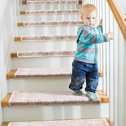 RORA Bullnose Stair Treads for Wooden Steps, Non Slip Stair Carpet 2pcs | Washable, Self-Adhesive, Floral Stair Rug Runner with Edge Protection for Indoor, Pets & Elder, 29.5 x 9.5x 1.7, Pink