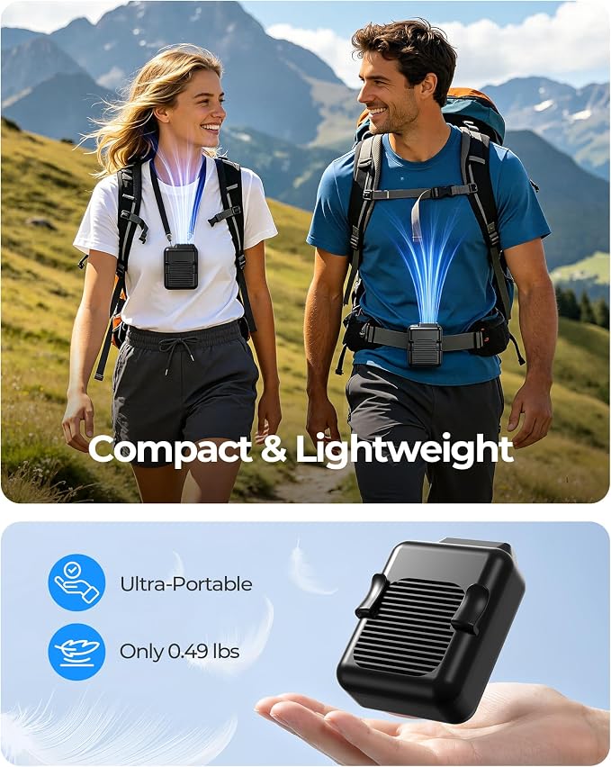SLENPET Portable Waist Clip Fan, 6000mAh Battery Operated Necklace Fan, 23 Hours Working Time, 3 Speeds, 5100RPM Strong Airflow Hands-free Belt Fan for Outdoor Works, Farm, Hiking, Camping, Travel
