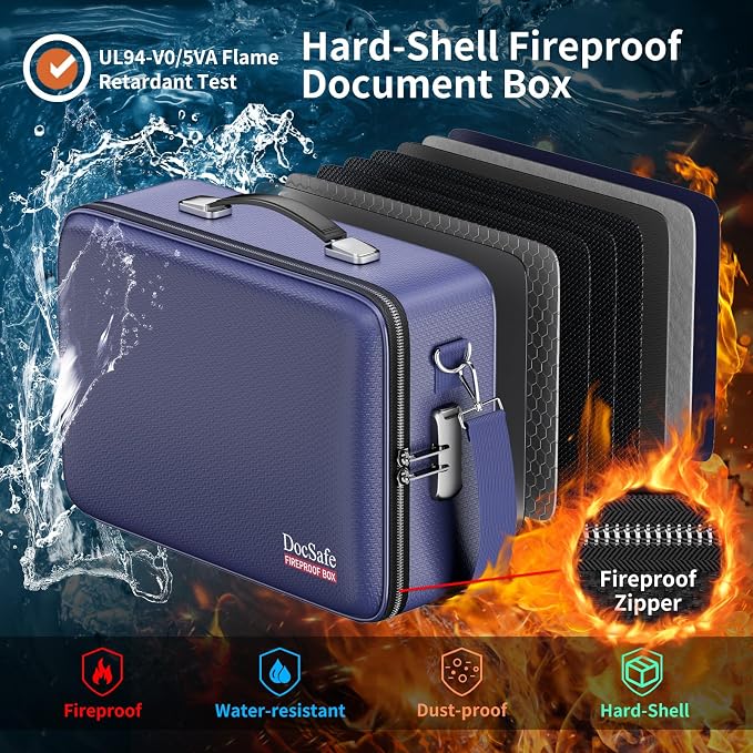 DocSafe Fireproof Document Box with Lock＆Shoulder Strap,Hard Case File Organizer with Accordion File Folder,Multi-Layer Portable Home Office Travel Safe Storage for Important Documents Laptop Blue