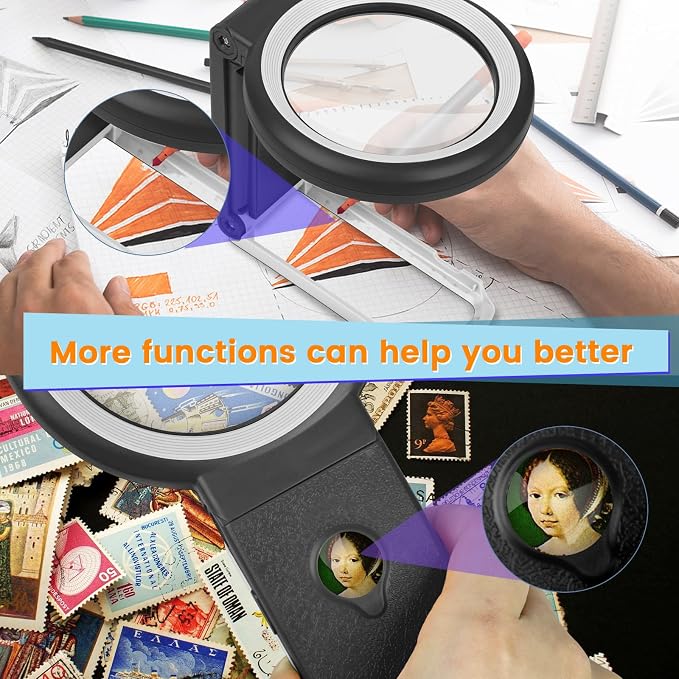 Magnifying Glass with Light and Stand, 10x Large Lighted Magnifying Glass 18 LED Illuminated Handheld Magnifier for Reading Close Work Coins Jewelry Macular Degeneration Black