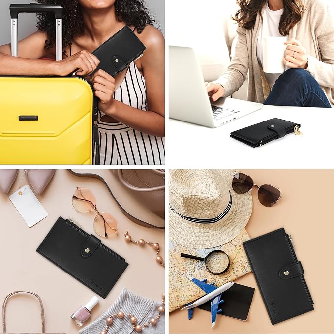 Travelambo Womens Leather Bifold Wallet, Slim RFID Blocking Card Holder | Large Capacity, 16 Card Slots & ID Window, 2 Zipper Pockets, Dual Snap Closure, Slim Lightweight, RFID Privacy Protection