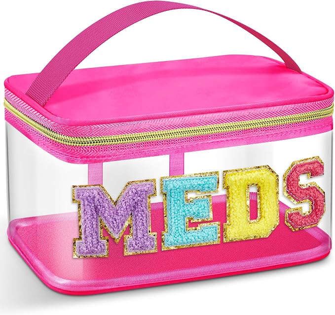 Geetery Meds Travel Bag for Women & Teen Girls, Chenille Letter Nylon Cosmetic & Medicine Organizer Case with Zipper, Portable Toiletry Storage, Cheerleader Gift