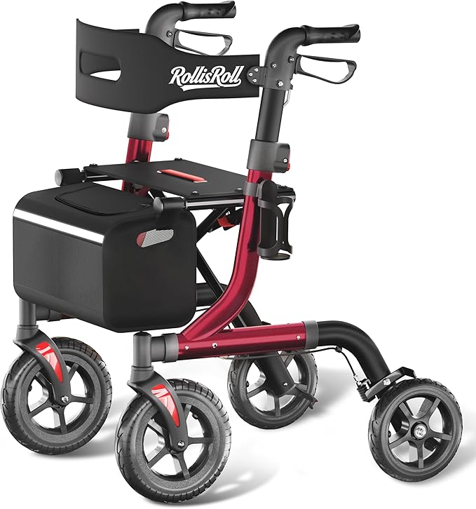 Walkers for Seniors with Seat, Foldable Rollator Walker, Reinforced Aluminum Frame, 10" Big Rubber Wheels for All Terrain, Built-in Cable, Lightweight Rolling Walker, Burgundy
