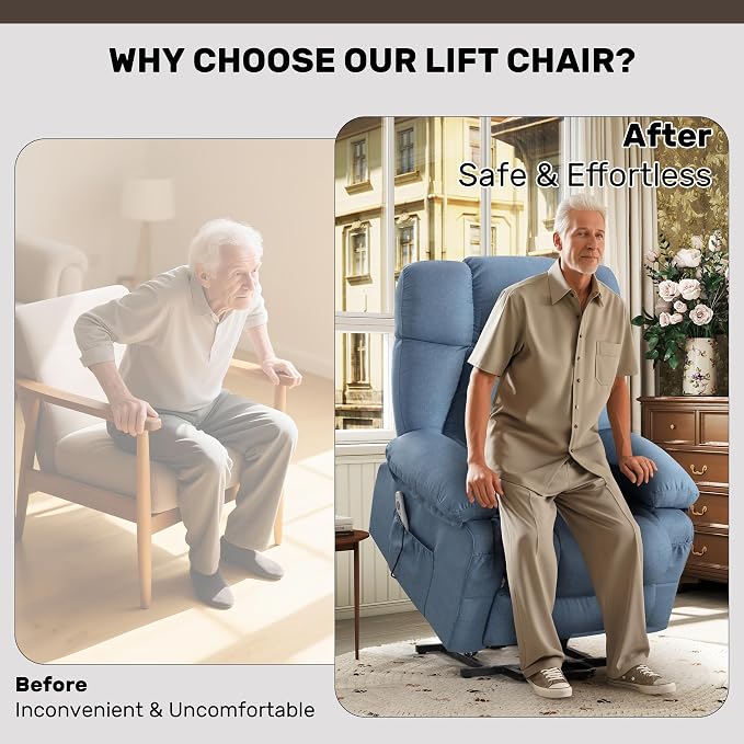 Power Lift Recliner Chair for Elderly, Big and Tall Lift Chair with Massage and Heat for Living Room, Fabric Electric Recliner Chairs with 4 Side Pockets, USB Charge Port,Blue