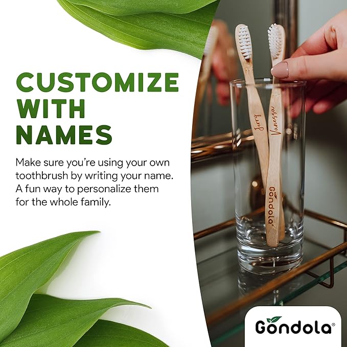 Gondola Organic Bamboo Toothbrushes Adults - 4 Count (Pack of 1) - Soft Bristles - Wood Toothbrush for Adults - Set for Sensitive Gums for Gentle Cleaning