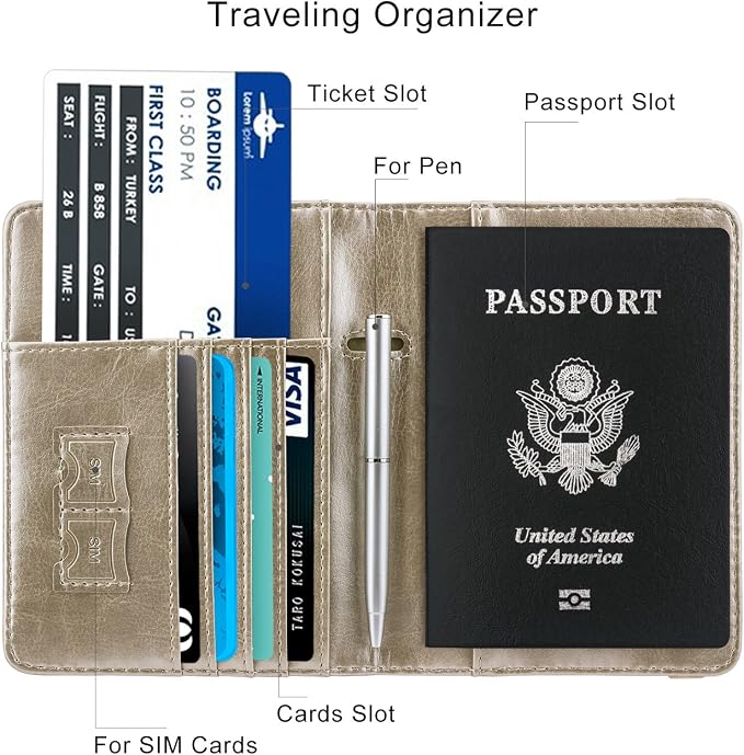 WALNEW Passport Holder for Travel, RFID Passport Wallet, Travel Essentials | PU Leather Passport Cover Case with Pen Holder, Travel Must Haves Accessories, Passport Book Holder for Women Men