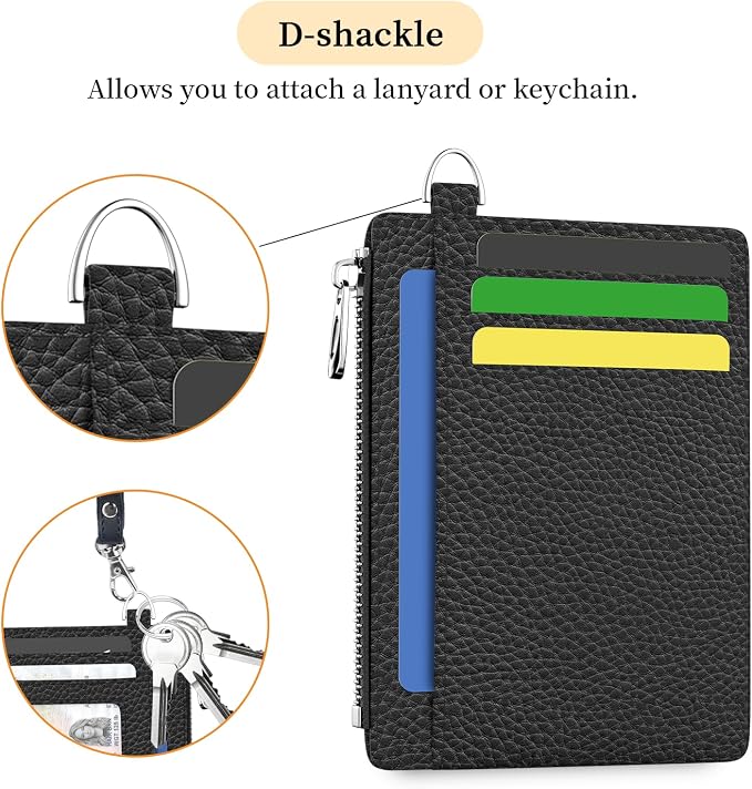 Hancynir Black Minimalist Small Wallet Women Credit Card Holder Slim RFID | Zipper Keychain Wallet, Key Chain, Travel Coin Front Pocket, Ladies Women Men Gifts, Thin Card Case, 6 Card Slots, PU Leather