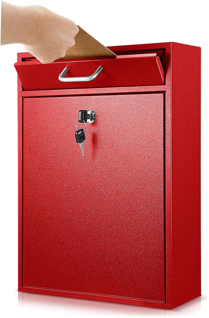 Yaocom Locking Mailbox with Key for Outdoor 16.2 x 11.2 x 4.7 Inches Large Wall Mount Mail Box with Lock Security Mail Drop Metal Collection Boxes Hanging Secure Postbox(Red)