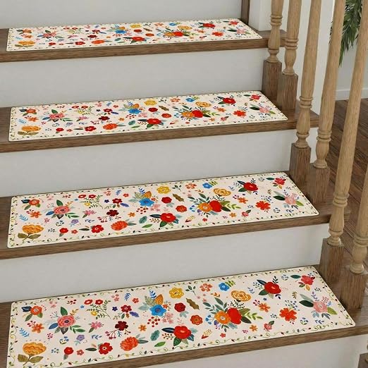Breling 15 Pcs Wildflower Stair Treads for Wooden Steps 8x30 Inches Stair Treads Indoor Non-Slip Carpet Runner Decorative Long Rugs Safety Mats for Indoor Carpet Covers Elders and Dogs