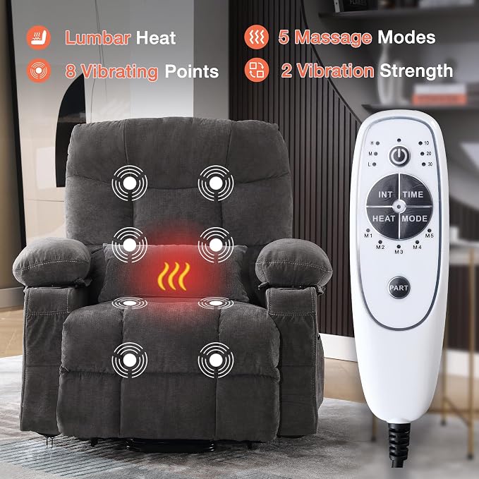MAHOMICO Power Lift Recliner Chair for Elderly with Vibration Massage and Lumbar Heating,Electric Lift Recliner Single Sofa with Side Pocket,Two Cup Holders and USB Charge Port for Living Room