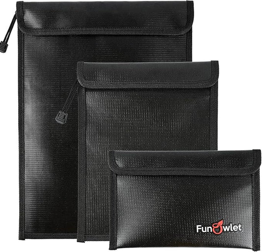 Fireproof Waterproof Money Document Bag, 3Pack Safe Pouch | Fire and Water Resistant ,Zipper Storage Organizer, for Important Papers, Cash, Passports, Jewelry & Electronics, Black