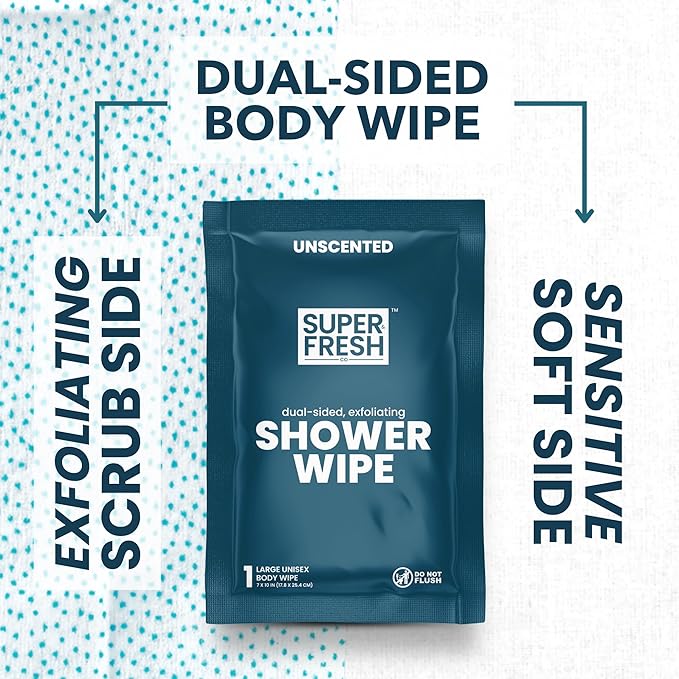 Super Fresh Shower Wipes Large Unscented Body Wipes for No Rinse Bathing Personal Hygiene Gym Travel or Camping Enriched with Aloe and Vitamin E 20 Individually Wrapped Disposable Sheets