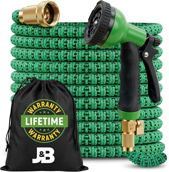 J&B XpandaHose 50ft Expandable Garden Hose, Lightweight, Brass Connectors | Ultra Strong 3750D fabric, 4-layer latex core, expands 3X, kink & leak-resistant, 10-pattern nozzle, storage bag