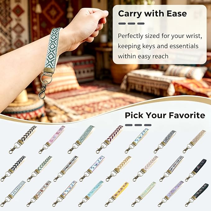 Boho Vintage Embroidered Floral plant Wristlet Keychain for Women | Cute Lanyard&Antique Brass Clasp, Lightweight Hands-Free Key Holder for keys,purses,handbags and daily outdoor use for ladies
