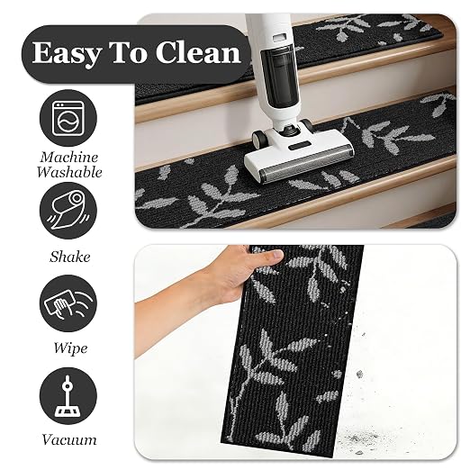 Carpet Stair Treads, Non-Slip Stair Treads for Wooden Steps Indoor | Stair Runner for Pets, Non Skid Staircase Step Treads Washable Reusable, Stair Protectors 30" x8" Set of 15, Black