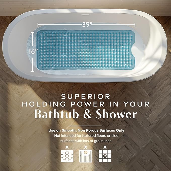 SlipX Solutions Power Grip 39x16 Bathtub & Shower Mat | Premium Non-Slip Bath Safety | Clear Aqua