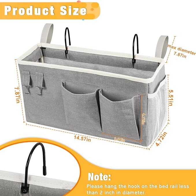 Lilithye Bedside Caddy, Bedside Storage Bag Hanging Organizer for Bunk Bed | Bed Caddy with Fixed Straps and Water Bottle Holder for Home, College Dorm, Bunk Bed, Hospital Bed and Crib Bed Rails
