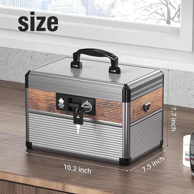 Glosen Medicine Lock Box,locking medicine box, Security Lock Boxes【Medium Black】 12 x 7.68 x 7.87 Inch, First Aid Key Safe Box for Medication