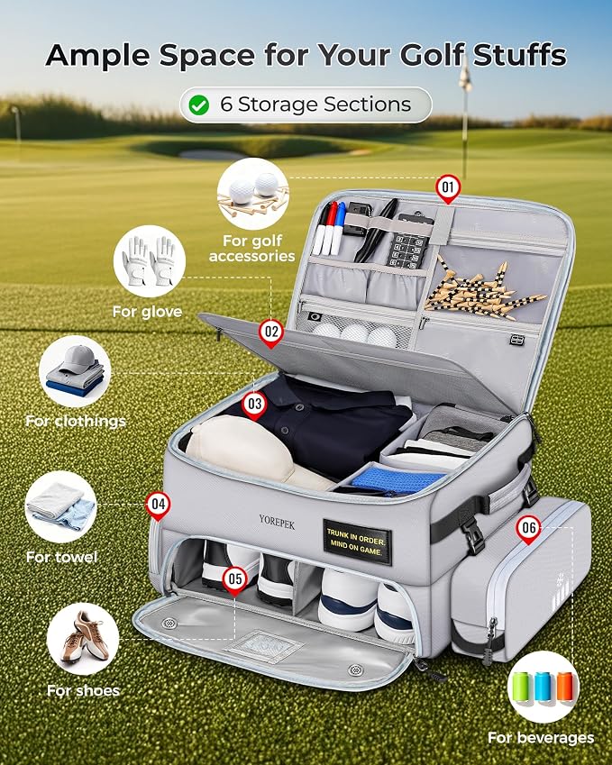 YOREPEK Upgraded Golf Trunk Organizer with Removable Insulated Pouch | Golf Gifts for Men, Golf Organizer with Dust-Proof Protective Layer, Multi-Compartment fit 2 Pairs of Shoes, Golfing Stuff