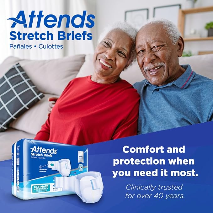 Attends Stretch Adult Incontinence Disposable Briefs, Medium/Regular 31"-52" Waist with SecureGrip Tab Closure, Ultimate Absorbency with Dry-Lock Containment Core and Breathable Side Panels, 96ct Case