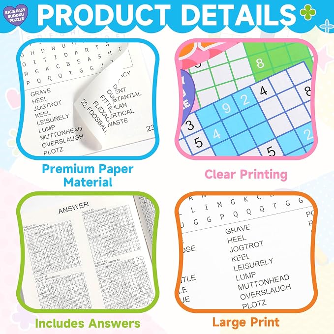 18 Pack Large WordSearch Puzzle Books for Adults Aging Seniors 6.5x9 Inches Word Find Puzzle Books Giant Print Words Activity Book Brain Games Include 10 Word Search 4 Sudoku Puzzle 4 Crossword Games