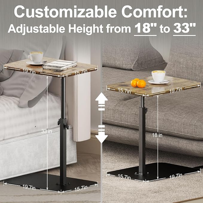 HzTinT Large Tv Tray Side Table Sofa Tray for Couch Heavy Metal Base | Swivel/Adjustable Height, Sofa Bed Bathroom Study TV Tray C Shaped End Table Food Snack Trays for Eating
