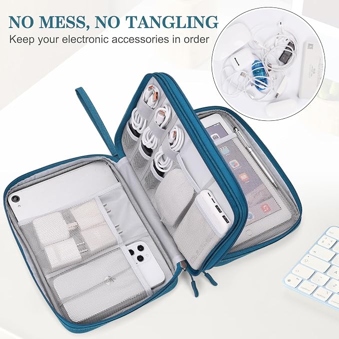 FYY Electronic Organizer, Extra Large Travel Cable Organizer Bag Pouch Portable Waterproof Double Layers All-in-One Storage Bag for iPad, Cable, Power Bank, Laptop Charger for Office/Home, Dark Green
