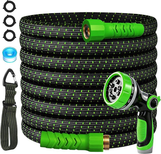 25FT Flexible Garden Hose & 10Modes Nozzle,Lightweight Water Hose,Kink-Free,All-Weather 3/4 in. Hose for RV,Boat,Car Wash,Garden,Yard,Camper,Outdoor None Expanding (Green-Black,25 Feet)