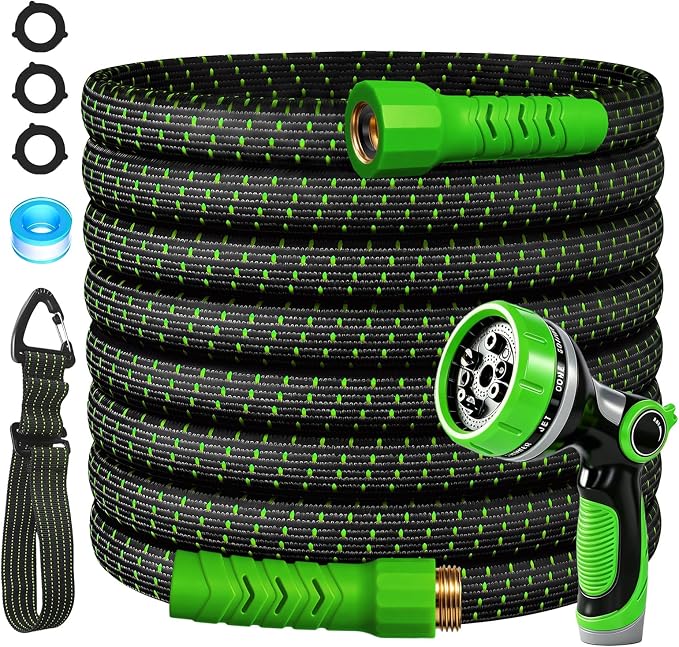 50FT Flexible Garden Hose & 10Modes Nozzle,Lightweight Water Hose,Kink-Free,All-Weather 3/4 in. NoneExpanding Hose for RV,Boat,Car Wash,Garden,Yard,Camper,Outdoor (Green-Black, 50Ft)