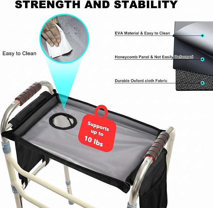 Walker Tray for Folding Walker with Cup Holder, Detachable Tray for Walker, Walker Accessories for Senior with Non-Slip Mat, Universal Fit for Meals, Drinks, Reading,Laptop (Black with Side Pockets)