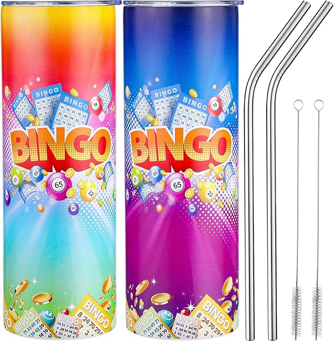 Geiserailie 2 Pack Bingo Tumbler Cups 20 oz Game Gifts Stainless Steel Tumbler with Lids Prizes for Seniors Mom Grandma Dad (Bright)