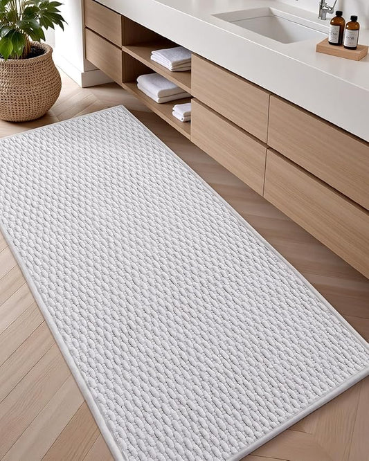 Color&Geometry Bathroom Rugs with Rubber Backing, Non Slip Machine Washable Bath Mat, Soft Absorbent Chenille Boho Carpet for Bathroom Floor, Tub and Shower,17"x47", White