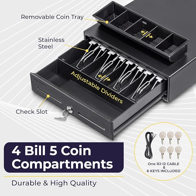 Volcora 13" Electronic Cash Register Drawer for Point of Sale (POS) System with 4 Bill 5 Coin Cash Tray, Removable Coin Compartment, 12-24V, RJ11/RJ12 Key-Lock, Black - for Small Businesses