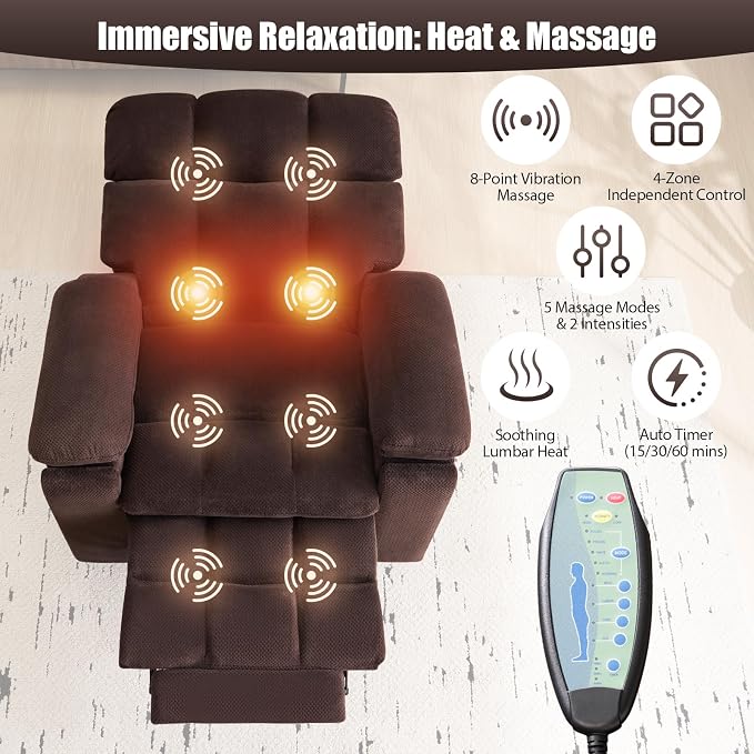 Power Lift Recliner Chair for Elderly, Dual Motor Oversized Recliner with Heat & Massage, Adjustable Headrest, Lay Flat Zero Gravity Recliner with Cup Holder, USB/Type-C Ports & Storage-Brown