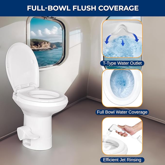 SereneLife RV Gravity Flush Toilet with Foot Pedal and Hand Sprayer | T-Type Full-Bowl Flush Coverage With Odor-Resistant Sealing For RVs, Boats, Campers, Trailers And Marine Bathrooms